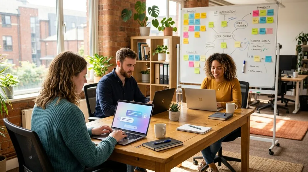 UK small business team using AI assistant software on laptops in a bright office