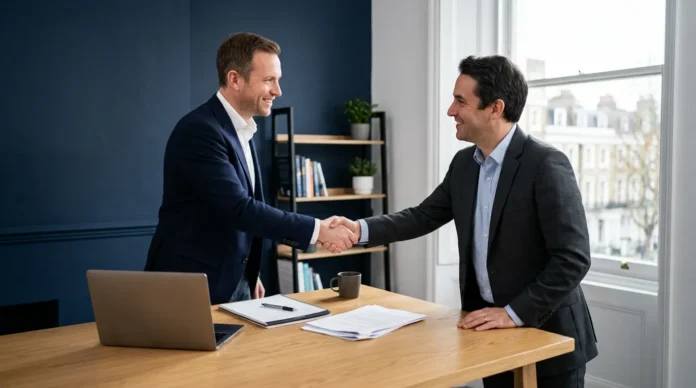 Two_co-founders_shaking_hands_202607290707_11zon Two business partners setting up a UK business partnership together at a desk