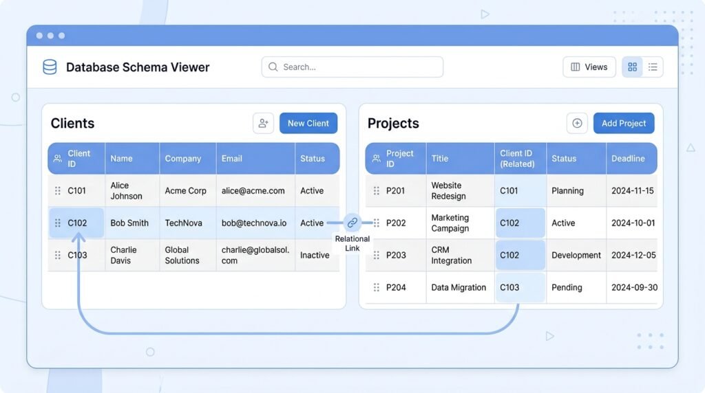 Notion database relation property linking clients table to projects table