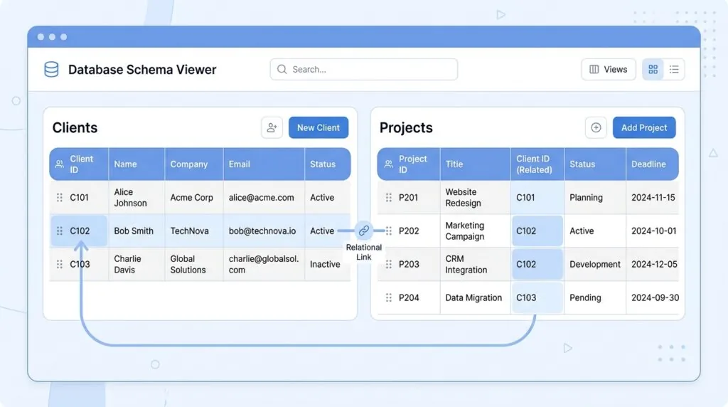 Notion database relation property linking clients table to projects table