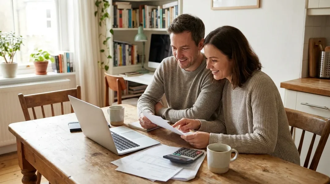 Self-employed couple reviewing Marriage Allowance eligibility on a laptop at their kitchen table