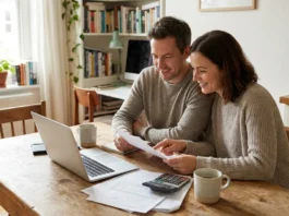 Self-employed couple reviewing Marriage Allowance eligibility on a laptop at their kitchen table