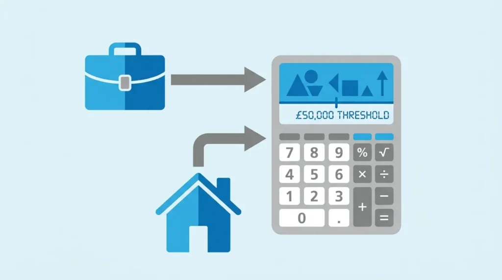 Diagram showing self-employment and rental income combined to calculate MTD for ITSA qualifying income threshold.