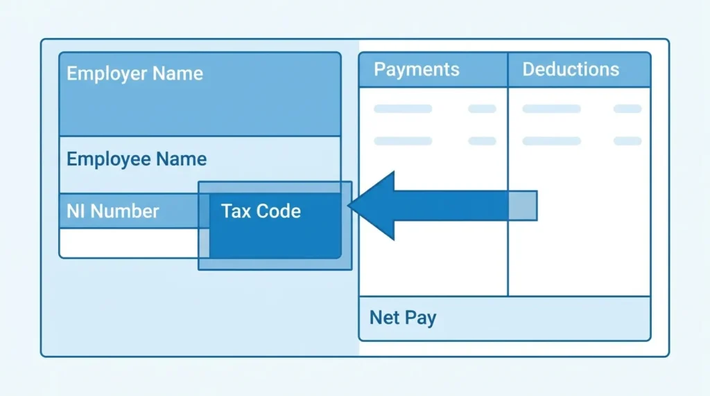 Diagram showing where to find your tax code on a UK payslip