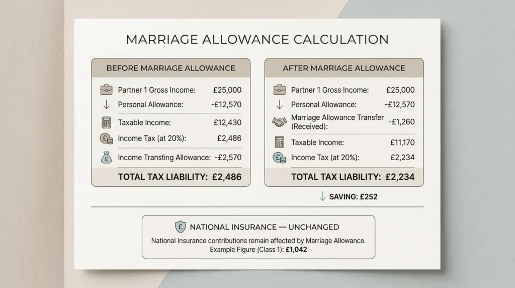 Worked example showing how Marriage Allowance reduces a self-employed sole trader’s Income Tax but not National Insurance