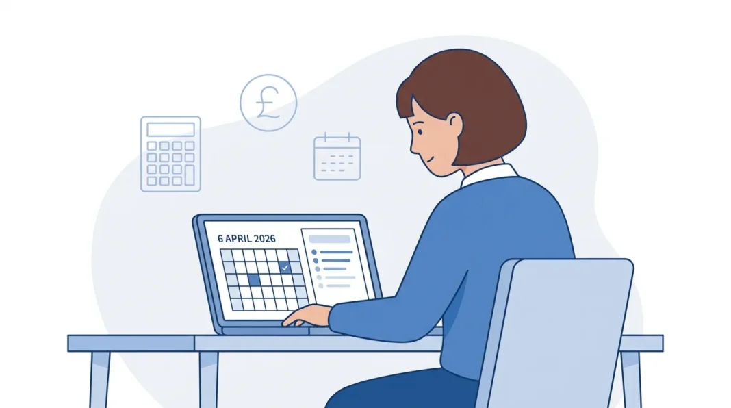 UK small business owner reviewing 2026 tax changes on a laptop with calendar and checklist icons.