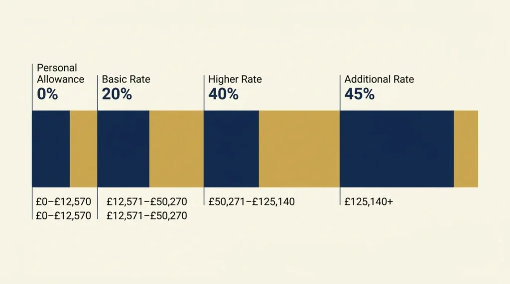 Diagram of UK income tax bands for 2025/26 showing Personal Allowance, basic rate, higher rate and additional rate thresholds.

