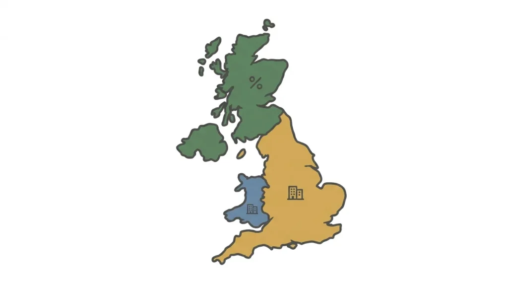 Map illustrating devolved business rates systems across England, Scotland and Wales for 2026