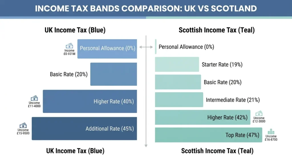 Comparison chart of Scottish and UK-wide Income Tax bands affecting Marriage Allowance eligibility