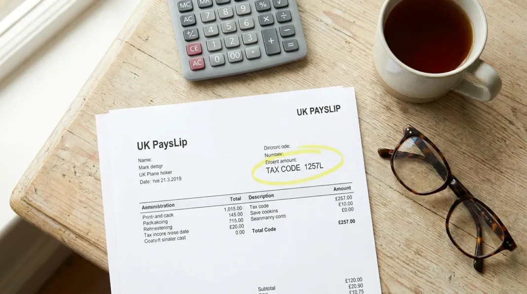 UK payslip showing a tax code such as 1257L with a calculator and glasses on a desk