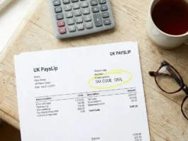 UK payslip showing a tax code such as 1257L with a calculator and glasses on a desk