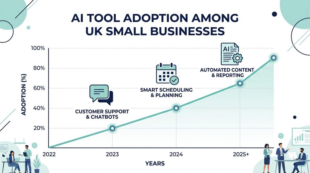 Illustration showing rising AI tool adoption among UK small businesses
