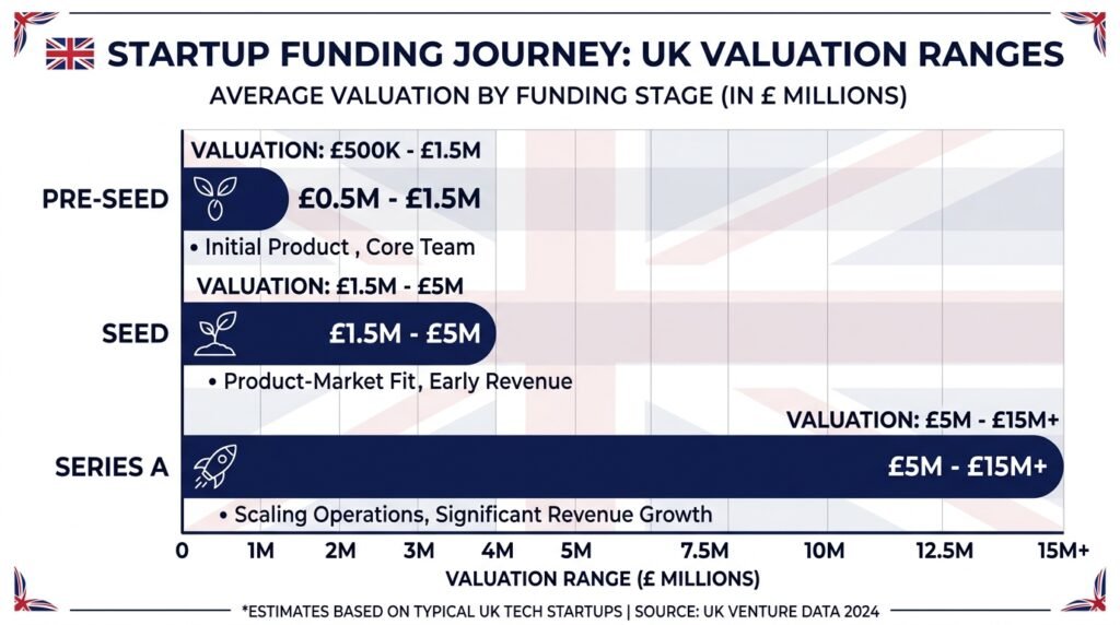 Chart comparing UK pre-seed, seed and Series A valuation ranges