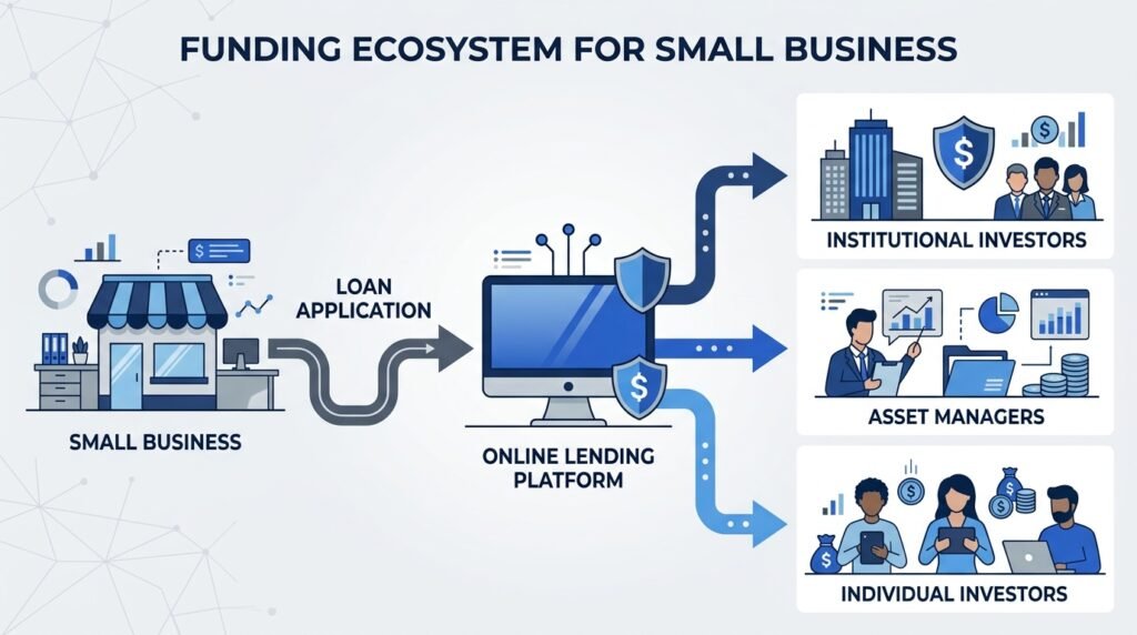  Diagram showing how P2P lending platforms connect small businesses to institutional and retail funding