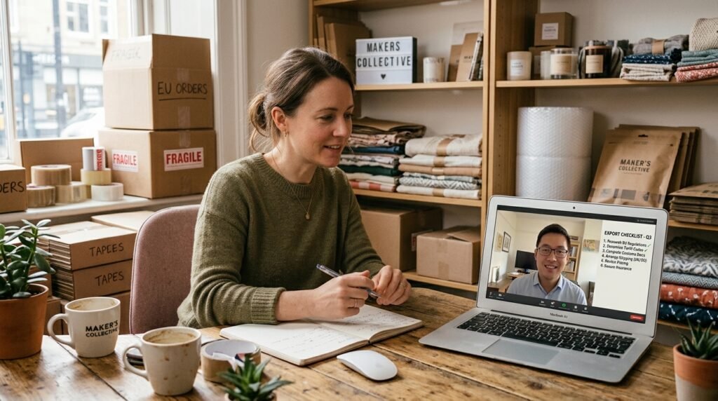 UK small business owner getting export advice on a video call