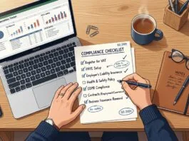 Small business owner reviewing a UK GDPR compliance checklist at a desk