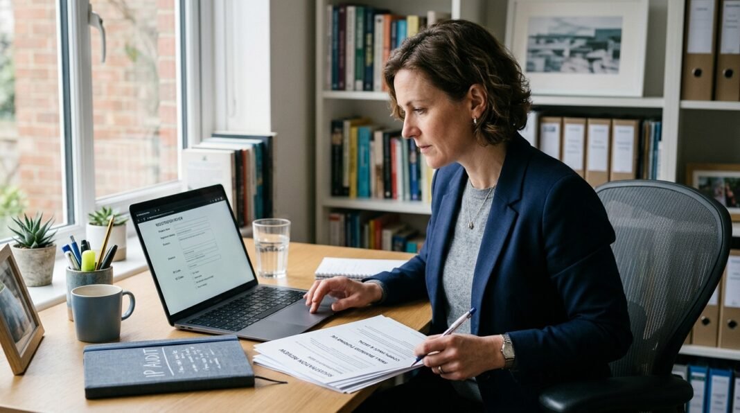 UK small business owner reviewing intellectual property registration documents at a desk