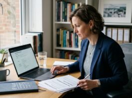 UK small business owner reviewing intellectual property registration documents at a desk
