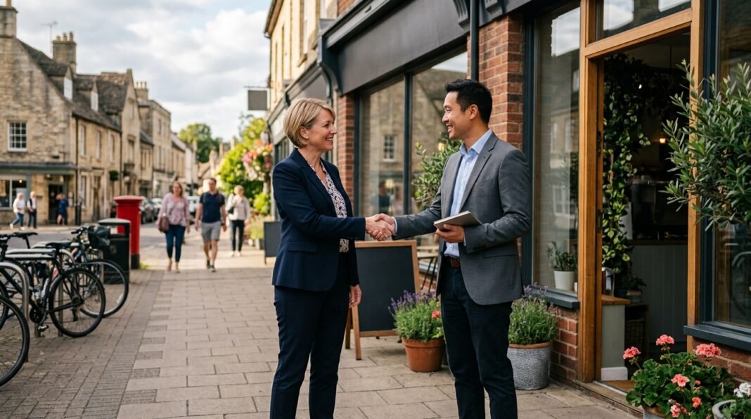 UK business owner shaking hands with a new franchisee outside a shop