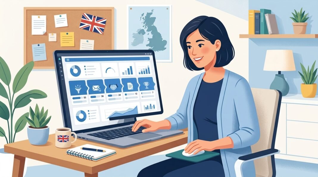 UK small business owner reviewing a lead generation software dashboard on a laptop