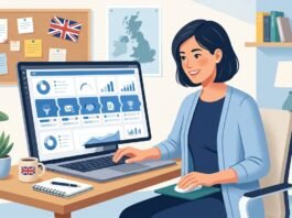 UK small business owner reviewing a lead generation software dashboard on a laptop