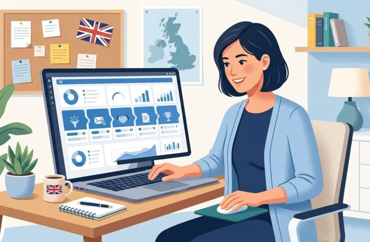 UK small business owner reviewing a lead generation software dashboard on a laptop
