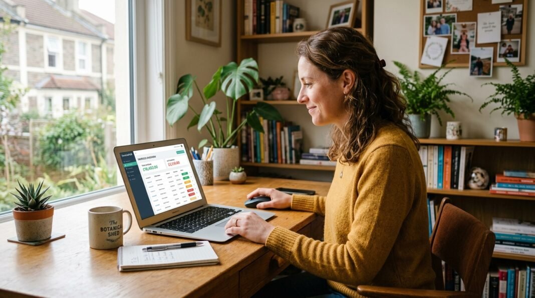 UK small business owner reviewing an automated invoicing dashboard on a laptop