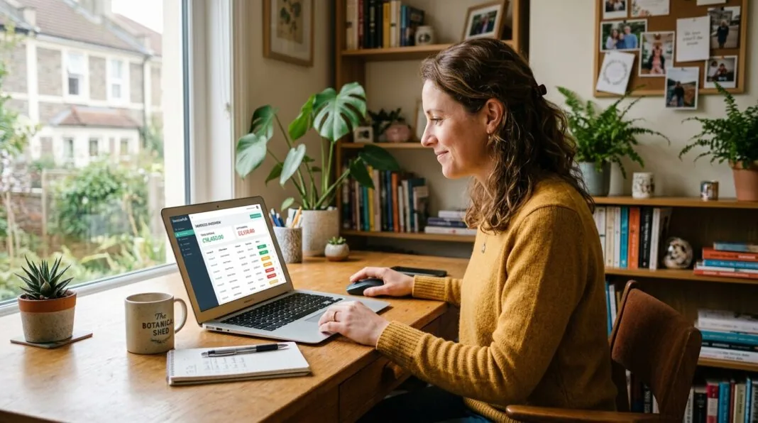 UK small business owner reviewing an automated invoicing dashboard on a laptop