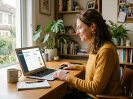 UK small business owner reviewing an automated invoicing dashboard on a laptop