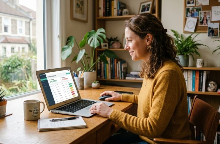 UK small business owner reviewing an automated invoicing dashboard on a laptop