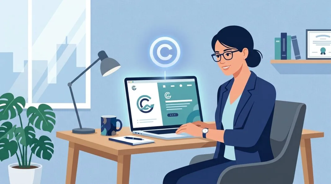 UK small business owner working on website content protected by automatic copyright law