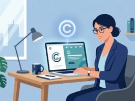 UK small business owner working on website content protected by automatic copyright law
