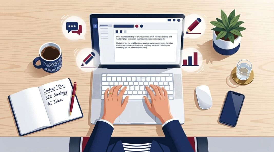 UK small business owner reviewing Jasper AI writing tool on laptop