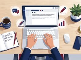 UK small business owner reviewing Jasper AI writing tool on laptop