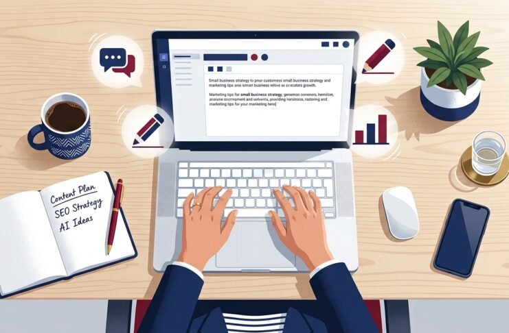 UK small business owner reviewing Jasper AI writing tool on laptop