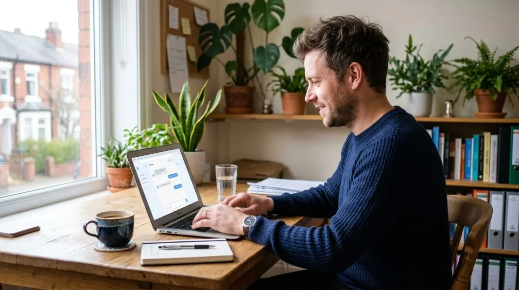 UK small business owner using an AI tool on a laptop in a bright home office