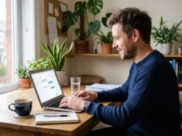 UK small business owner using an AI tool on a laptop in a bright home office