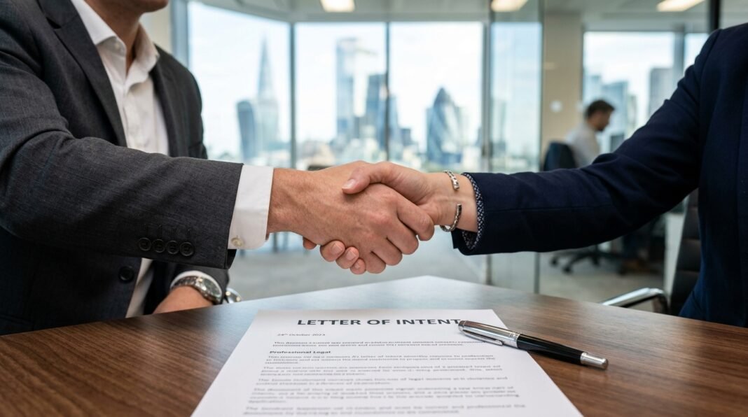 Buyer and seller reviewing a Letter of Intent document during a UK business purchase negotiation