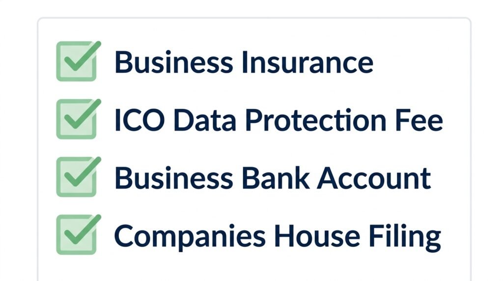 Checklist illustration of mandatory UK business compliance costs including insurance and the ICO fee