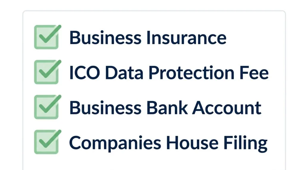 Checklist illustration of mandatory UK business compliance costs including insurance and the ICO fee