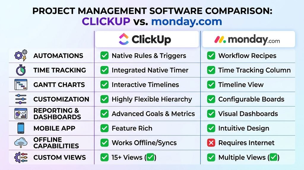 Comparison chart of ClickUp and monday.com features including automations and time tracking