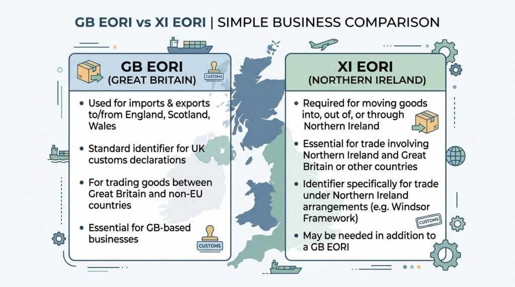 Diagram comparing GB EORI and XI EORI numbers for UK exporters