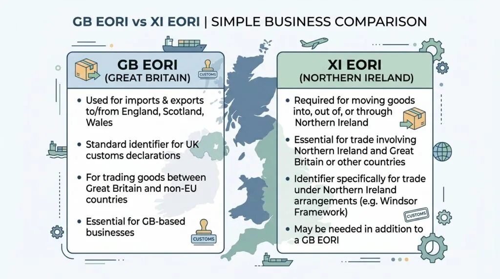 Diagram comparing GB EORI and XI EORI numbers for UK exporters