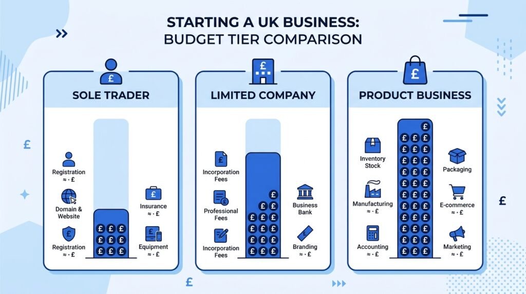 Infographic comparing UK business startup costs for sole traders, limited companies, and product businesses