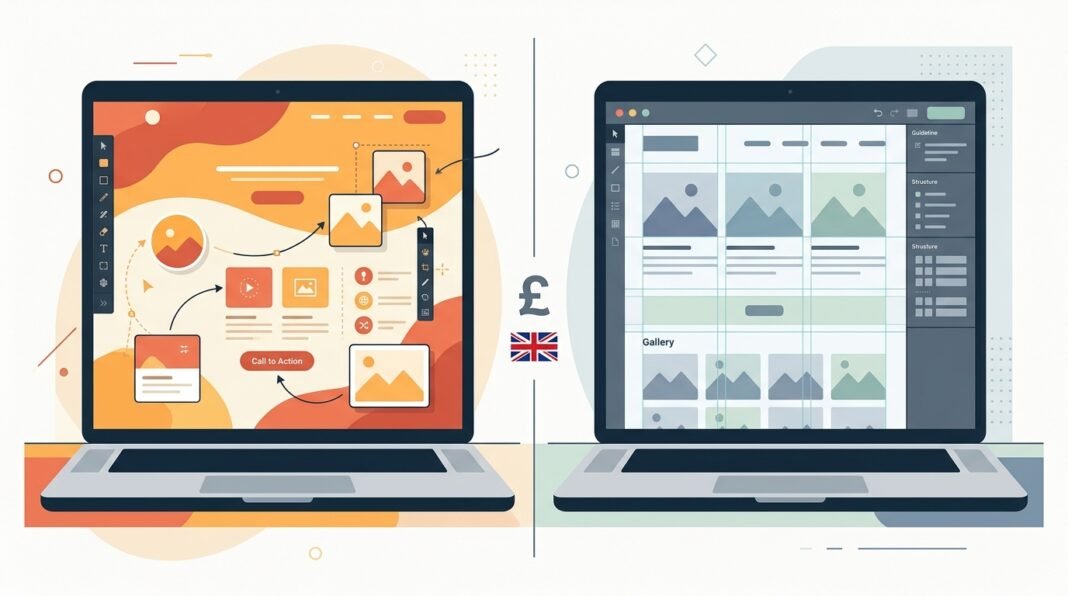 Split graphic comparing Wix drag-and-drop website design with Squarespace grid-based website design for UK small businesses