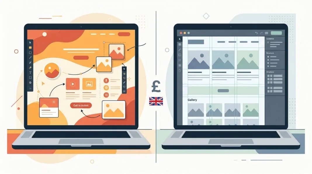 Split graphic comparing Wix drag-and-drop website design with Squarespace grid-based website design for UK small businesses