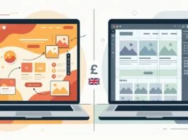 Split graphic comparing Wix drag-and-drop website design with Squarespace grid-based website design for UK small businesses
