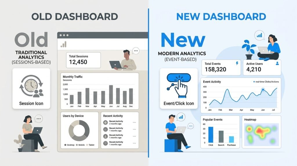 Infographic comparing Universal Analytics session tracking with GA4 event-based tracking