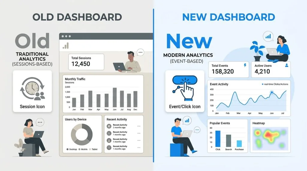 Infographic comparing Universal Analytics session tracking with GA4 event-based tracking