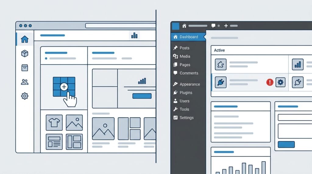 Comparison illustration of a hosted Shopify-style dashboard versus a self-managed WooCommerce WordPress dashboard